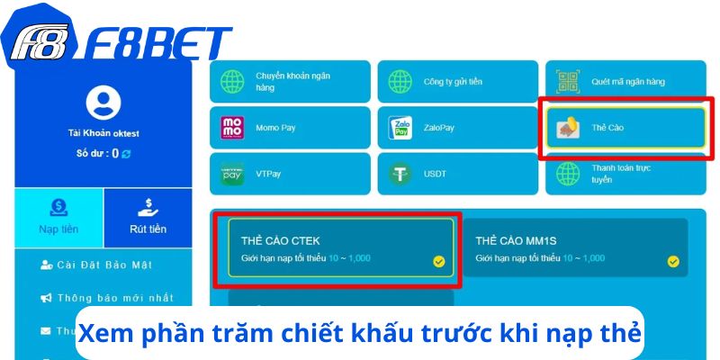 Xem phần trăm chiết khấu trước khi nạp thẻ